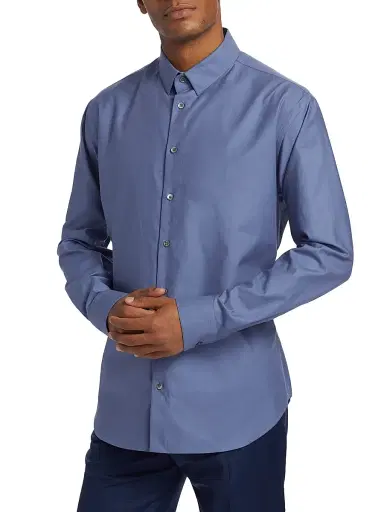 Giorgio Armani Men's Shiny Cotton Button-Front Shirt - Blue | Thumbnail 4 Giorgio Armani Men's Shiny Cotton Button-Front Shirt - Blue | Thumbnail 4