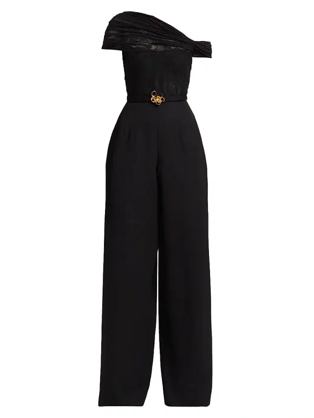 Oscar de la Renta Women's Floral Lace-Virgin Wool One-Shoulder Wide-Leg Jumpsuit - Black