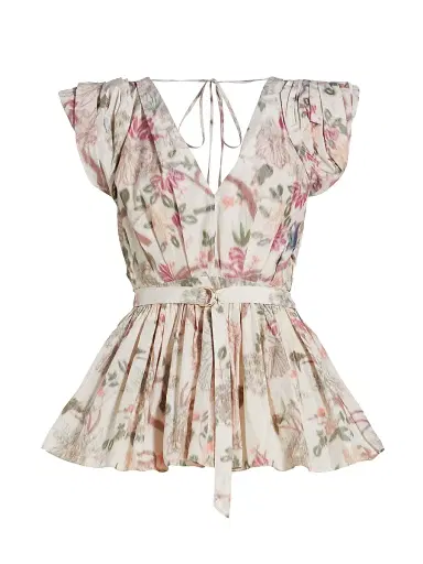Prabal Gurung Women's Belted Floral Puff Sleeve Top - Ecru Multi | Thumbnail 1 Prabal Gurung Women's Belted Floral Puff Sleeve Top - Ecru Multi | Thumbnail 1