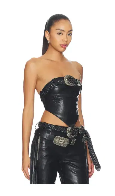 Markgong Faux Leather Floral Imprinted Tube Top With Detachable Belt | Thumbnail 2 Markgong Faux Leather Floral Imprinted Tube Top With Detachable Belt | Thumbnail 2