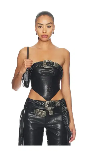 Markgong Faux Leather Floral Imprinted Tube Top With Detachable Belt | Thumbnail 1 Markgong Faux Leather Floral Imprinted Tube Top With Detachable Belt | Thumbnail 1