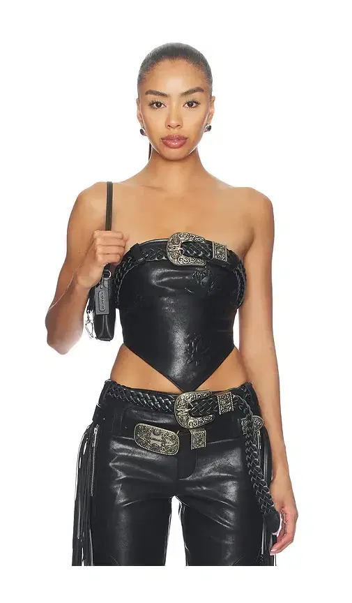 Markgong Faux Leather Floral Imprinted Tube Top With Detachable Belt