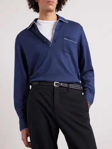 Tom Ford Piped Silk and Cotton-Blend Piqué Polo Shirt - Men | Thumbnail 3
