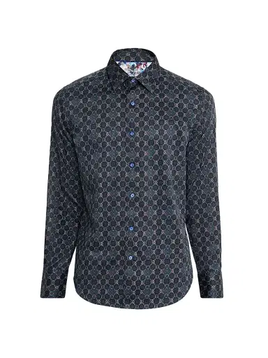 Robert Graham Men's Bramston Medallion Satin Button-Front Shirt - Black | Thumbnail 1