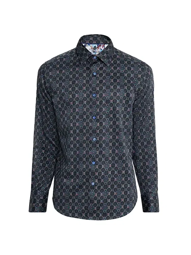 Robert Graham Men's Bramston Medallion Satin Button-Front Shirt - Black