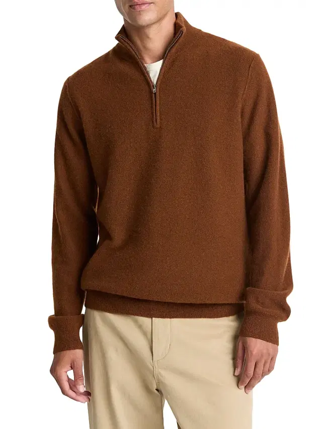 Vince Men's Boiled Cashmere Zip Sweater - Copperhead - Size XL