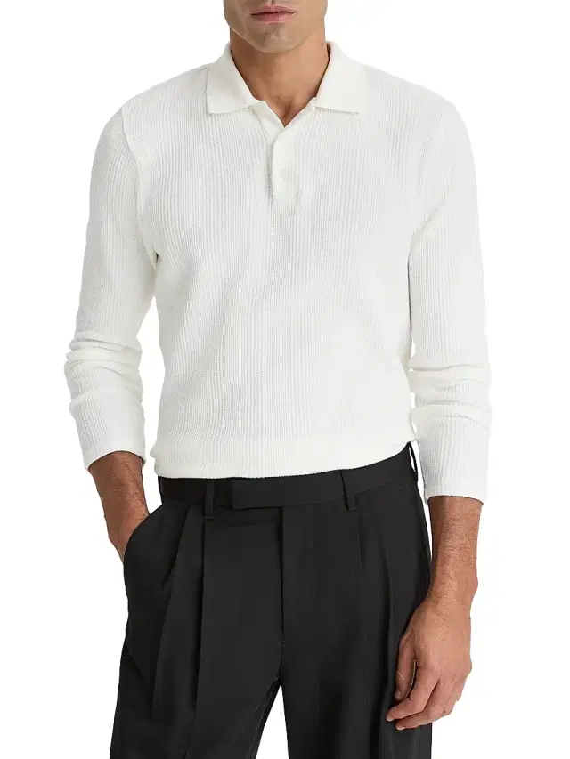 Vince Men's Variegated Textured Long-Sleeve Polo Shirt - Off White