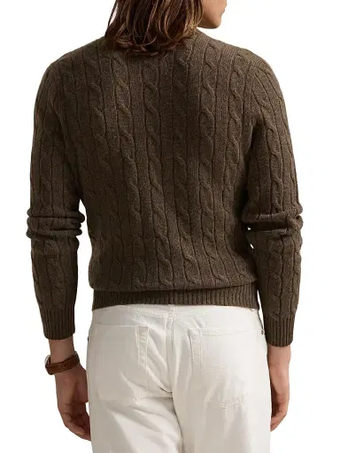 Polo Ralph Lauren Men's The Iconic Cable-Knit Cashmere Sweater - Cargo Olive Heather - Size XXL | Thumbnail 3