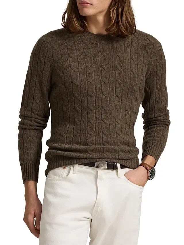Polo Ralph Lauren Men's The Iconic Cable-Knit Cashmere Sweater - Cargo Olive Heather - Size XXL