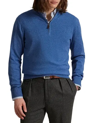 Polo Ralph Lauren Men's Logo Wool Quarter-Zip Sweater - Tide Pool Blue Heather - Size XS | Thumbnail 3