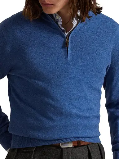 Polo Ralph Lauren Men's Logo Wool Quarter-Zip Sweater - Tide Pool Blue Heather - Size XS | Thumbnail 5
