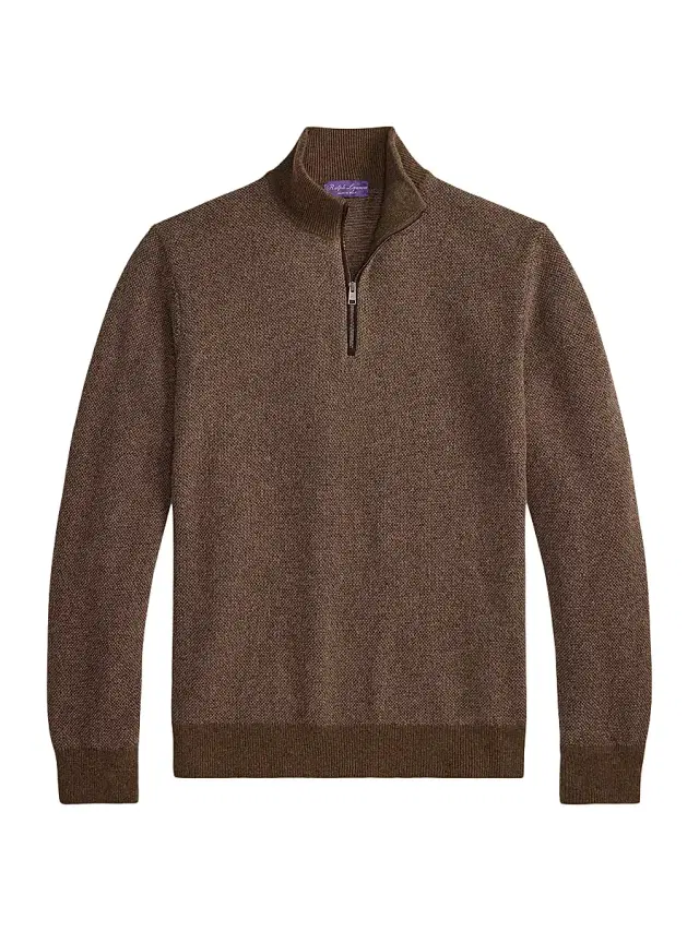 Ralph Lauren Purple Label Men's Cashmere Quarter-Zip Sweater - Taupe Multi - Size XL