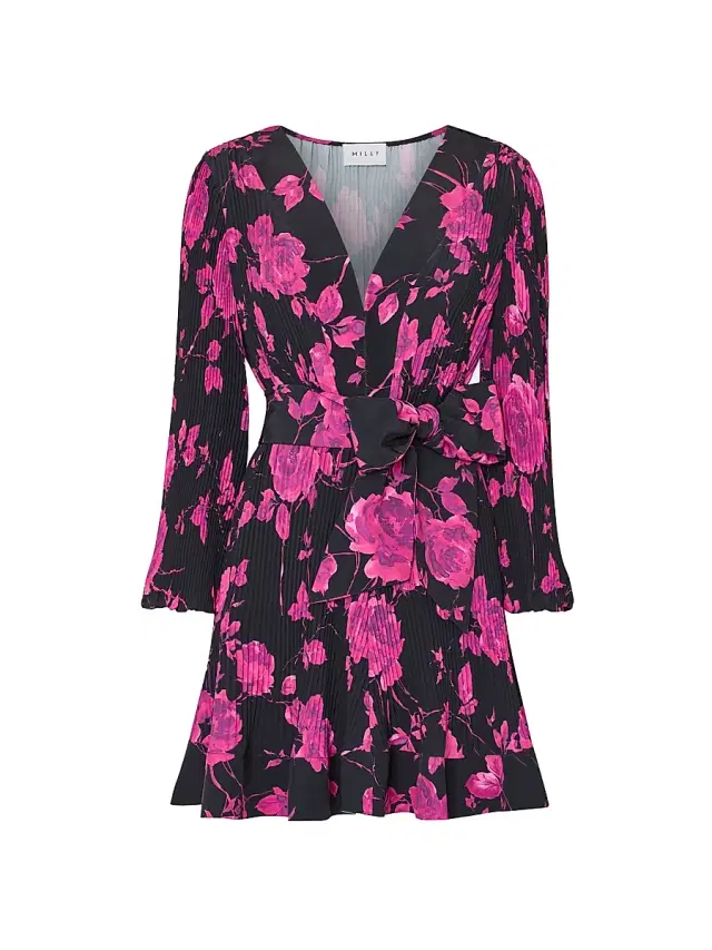 Milly Women's Liv Amarilla Rose Pleated V-Neck Minidress - Black Pink