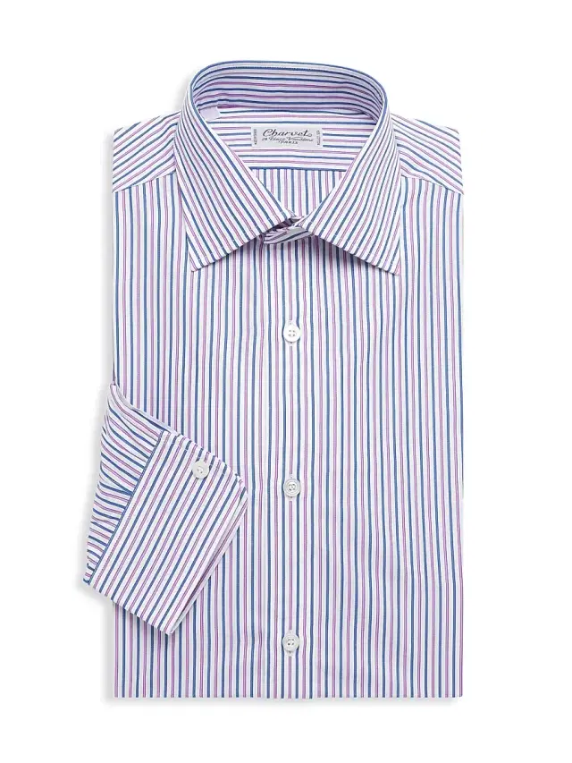 Charvet Men's Pinstriped Dress Shirt - White Pink Blue