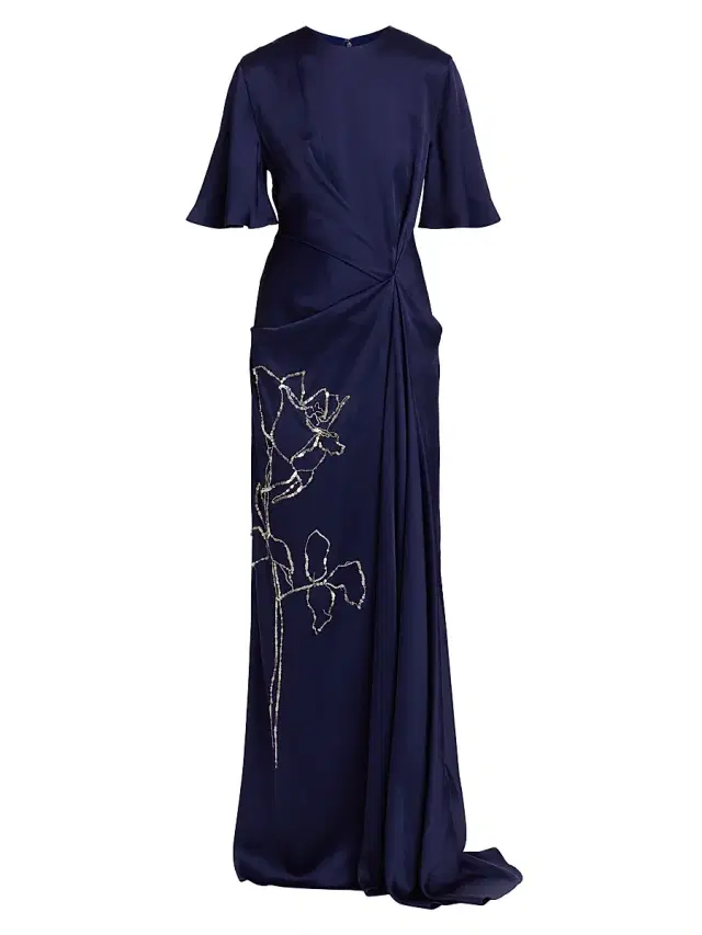 Erdem Women's Embellished Draped Short-Sleeve Gown - Navy