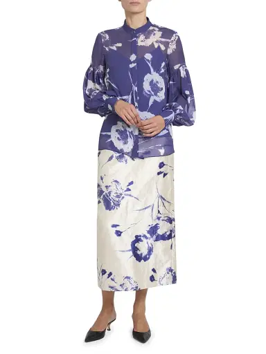 Erdem Women's Carnation Blouson-Sleeve Shirt - Carnation Cyanotype Heather | Thumbnail 2