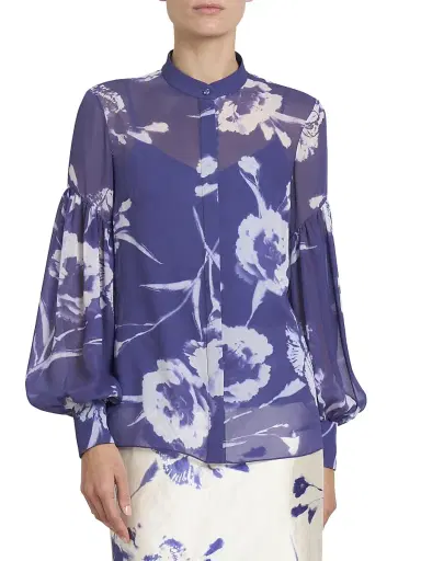 Erdem Women's Carnation Blouson-Sleeve Shirt - Carnation Cyanotype Heather | Thumbnail 3
