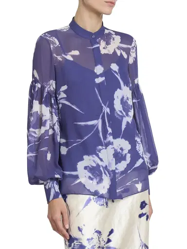 Erdem Women's Carnation Blouson-Sleeve Shirt - Carnation Cyanotype Heather | Thumbnail 4
