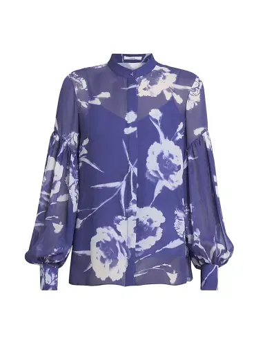 Erdem Women's Carnation Blouson-Sleeve Shirt - Carnation Cyanotype Heather | Thumbnail 1