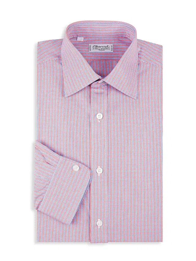 Charvet Men's Plaid Check Cotton Dress Shirt - Orange Blue