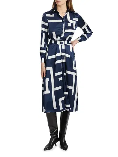 Kiton Women's Printed Silk Belted Shirtdress - White Blue - Size 2 | Thumbnail 3 Kiton Women's Printed Silk Belted Shirtdress - White Blue - Size 2 | Thumbnail 3