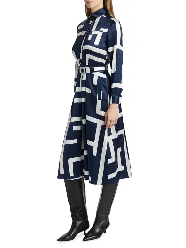 Kiton Women's Printed Silk Belted Shirtdress - White Blue - Size 2 | Thumbnail 4 Kiton Women's Printed Silk Belted Shirtdress - White Blue - Size 2 | Thumbnail 4
