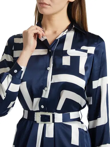 Kiton Women's Printed Silk Belted Shirtdress - White Blue - Size 2 | Thumbnail 6 Kiton Women's Printed Silk Belted Shirtdress - White Blue - Size 2 | Thumbnail 6