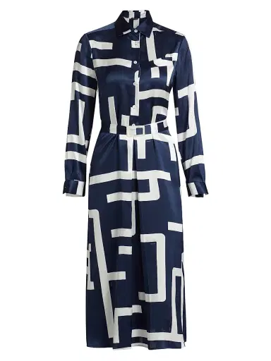 Kiton Women's Printed Silk Belted Shirtdress - White Blue - Size 2 | Thumbnail 1 Kiton Women's Printed Silk Belted Shirtdress - White Blue - Size 2 | Thumbnail 1