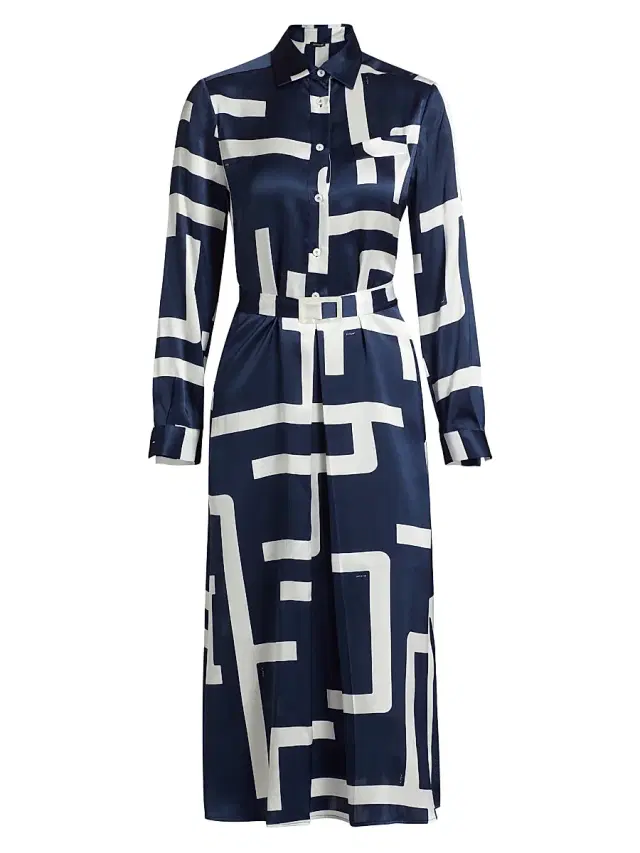 Kiton Women's Printed Silk Belted Shirtdress - White Blue
