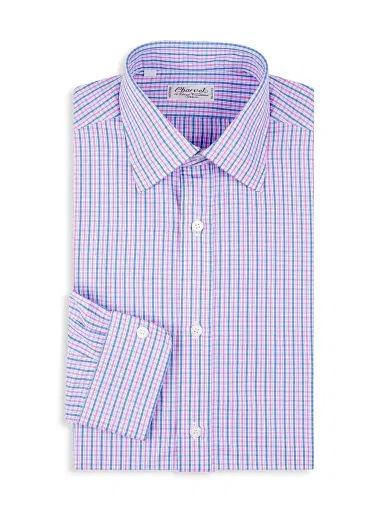 Charvet Men's Plaid Cotton Chambray Dress Shirt - Pink - Size 15 | Thumbnail 1
