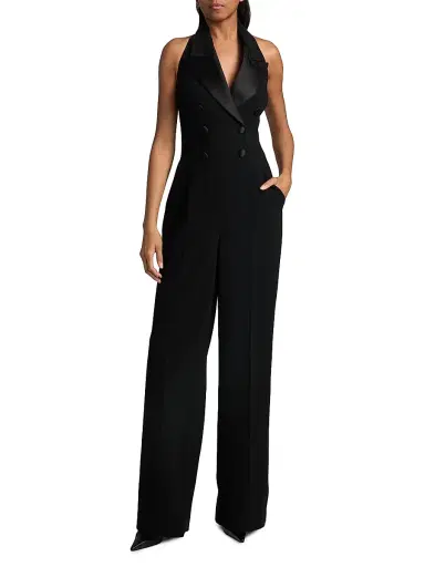 Sergio Hudson Women's Satin Lapel Halter Crepe Jumpsuit - Ebony - Size 10 | Thumbnail 2