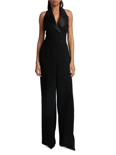 Sergio Hudson Women's Satin Lapel Halter Crepe Jumpsuit - Ebony - Size 10 | Thumbnail 3