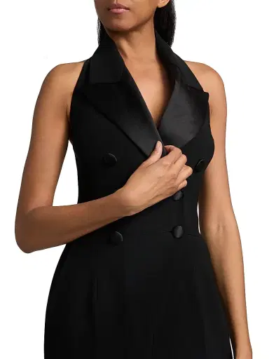 Sergio Hudson Women's Satin Lapel Halter Crepe Jumpsuit - Ebony - Size 10 | Thumbnail 6