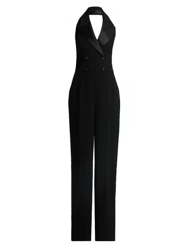 Sergio Hudson Women's Satin Lapel Halter Crepe Jumpsuit - Ebony - Size 10 | Thumbnail 1