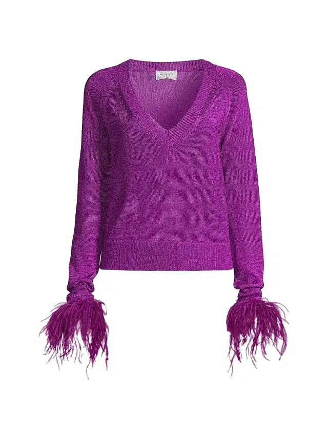 Milly Women's Feather-Trimmed Metallic Knit Pullover Sweater - Purple