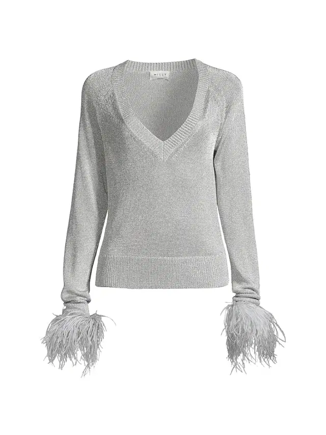 Milly Women's Feather-Trimmed Metallic Knit Pullover Sweater - Silver