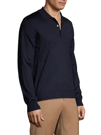Brioni Men's Long-Sleeve Knit Polo - Midnight Blue | Thumbnail 4 Brioni Men's Long-Sleeve Knit Polo - Midnight Blue | Thumbnail 4