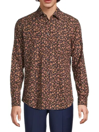 Paul Smith Men's Tailored-Fit Floral Shirt - Navy - Size 16 | Thumbnail 3