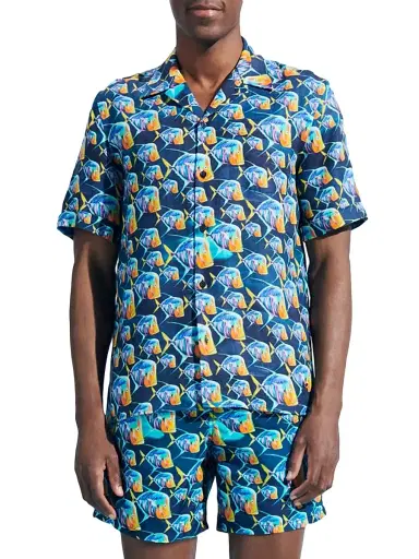 Vilebrequin Men's Piranhas Linen Camp Shirt - Bleu Marine | Thumbnail 4