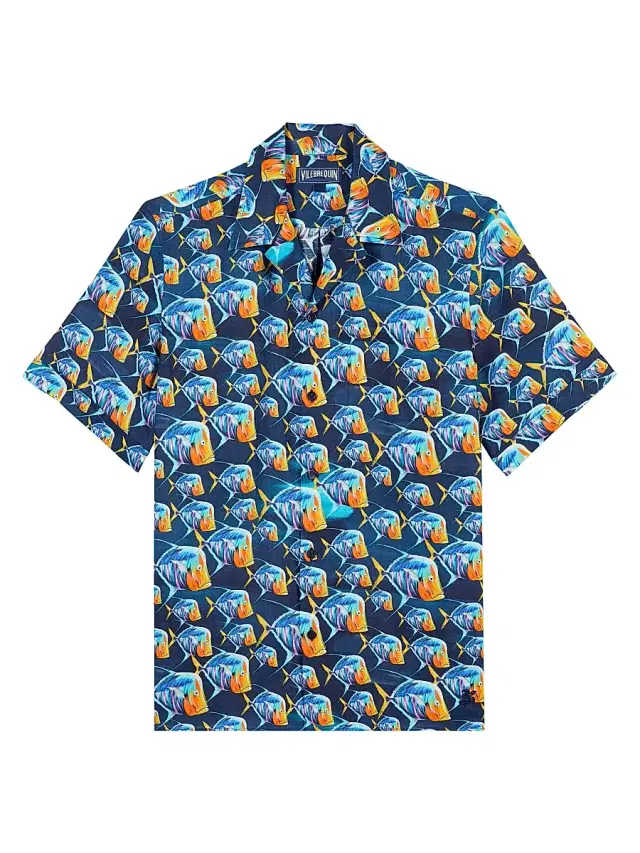 Vilebrequin Men's Piranhas Linen Camp Shirt - Bleu Marine