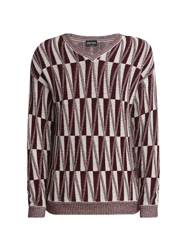 Giorgio Armani Men's Jacquard Stitch Cashmere Blend V-Neck Sweater - Fancy Ruby