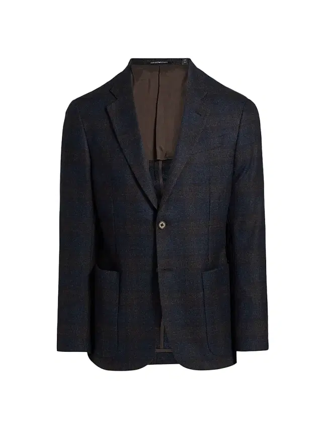 Men's Patch Pocket Plaid Wool Sport Coat - Navy