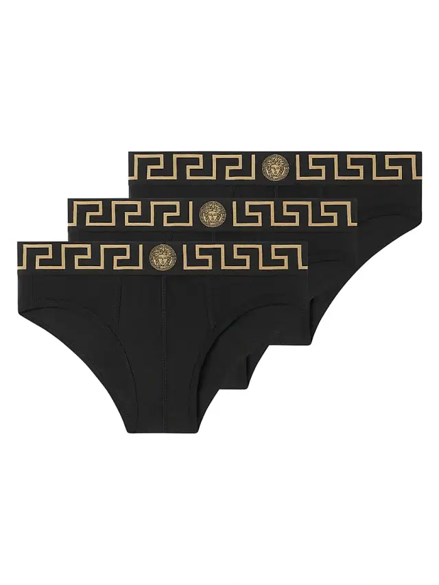Versace Men's 3-Pack Greca Logo Cotton-Blend Brief Set - Black Gold