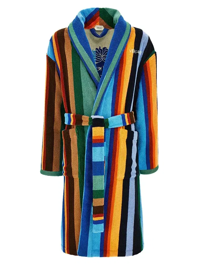 Men's Medusa Jacquard Striped Terry Robe - Blue Multicolor