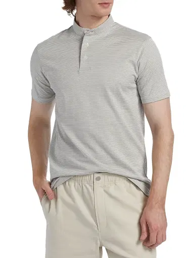 Emporio Armani Men's Nehru Striped Cotton Jersey Band-Collar Polo Shirt - Grey And White | Thumbnail 3