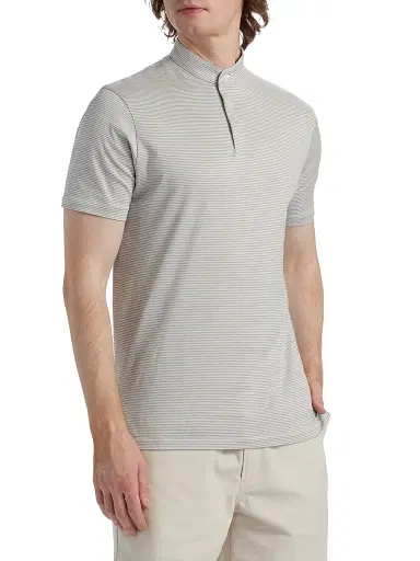 Emporio Armani Men's Nehru Striped Cotton Jersey Band-Collar Polo Shirt - Grey And White | Thumbnail 4