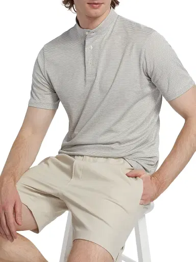 Emporio Armani Men's Nehru Striped Cotton Jersey Band-Collar Polo Shirt - Grey And White | Thumbnail 6