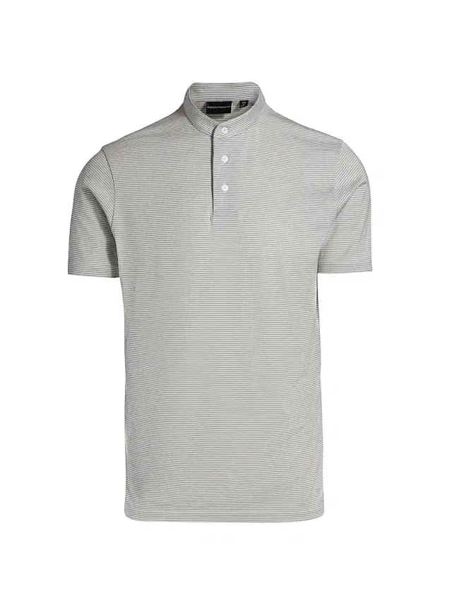 Emporio Armani Men's Nehru Striped Cotton Jersey Band-Collar Polo Shirt - Grey And White