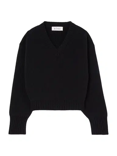 RÓHE Women's Compact-Knit Wool V-Neck Sweater - Black - Size 10 | Thumbnail 1 RÓHE Women's Compact-Knit Wool V-Neck Sweater - Black - Size 10 | Thumbnail 1
