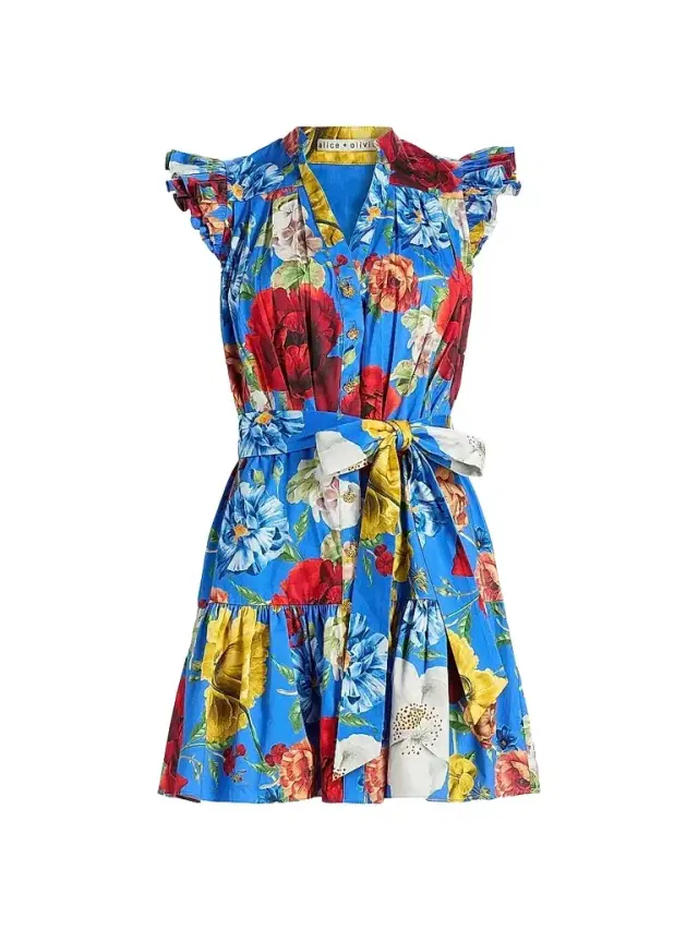 ALICE + OLIVIA Women's Cora Floral Stretch-Cotton Mini Shirtdress - Endless Blossom Blue Iris